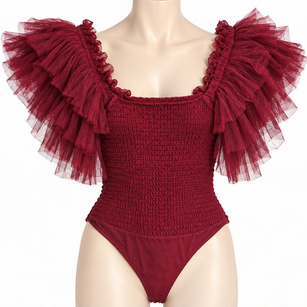 Free People Burgundy Ruffle Tulle Sleeve Smocked Bodysuit Women's M